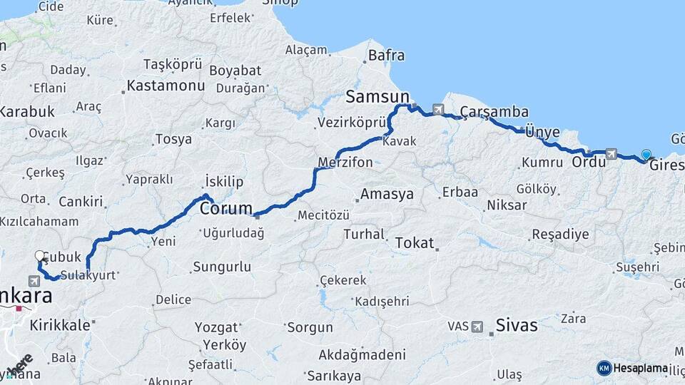 Giresun Çubuk Ankara Arası Kaç Km - Yol Haritası