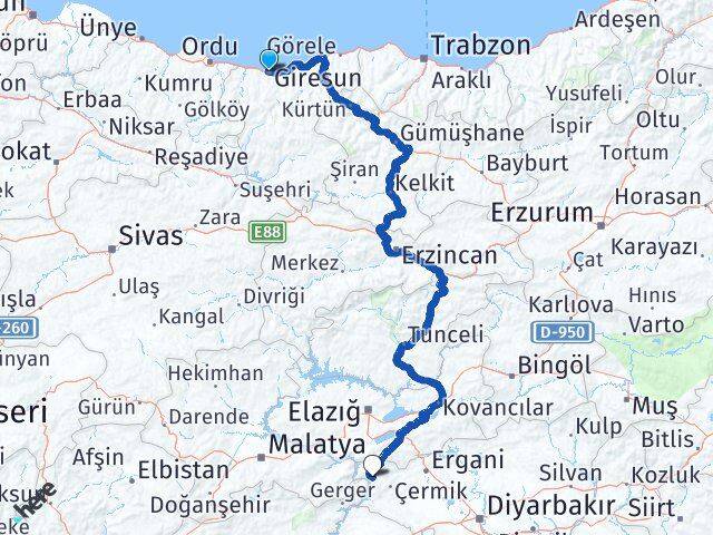 Giresun Çüngüş Diyarbakır Arası Kaç Km - Yol Haritası