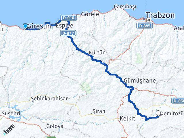 Giresun Demirözü Bayburt Arası Kaç Km - Yol Haritası