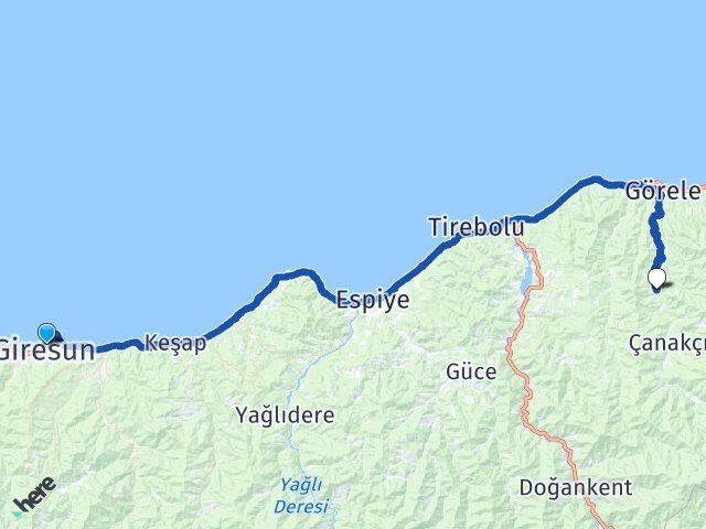 Giresun Derekuşçulu Görele Arası Kaç Km - Yol Haritası