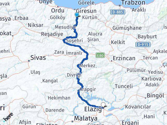 Dereli Elazığ Arası Kaç Km - Yol Tarifi