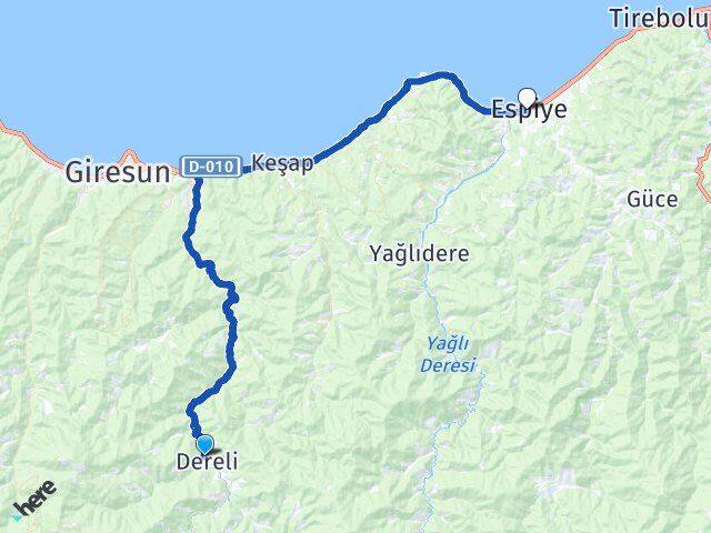 Giresun Dereli Espiye Arası Kaç Km - Yol Haritası
