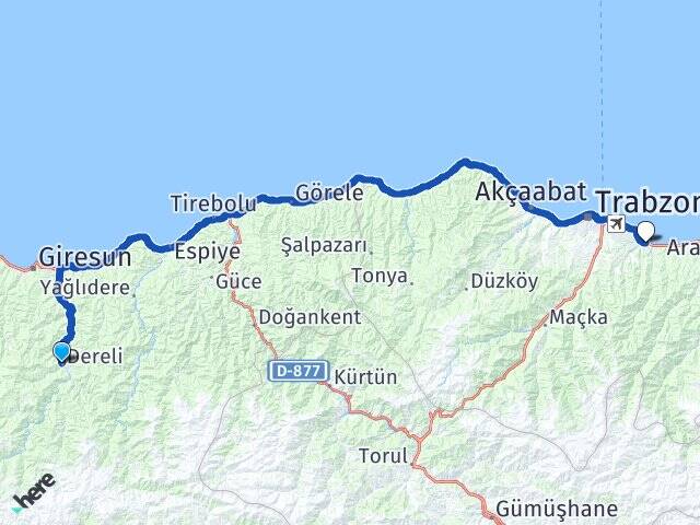 Giresun Dereli Yomra Trabzon Arası Kaç Km - Yol Haritası