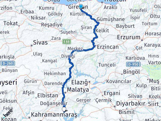 Giresun Doğankent Adıyaman Arası Kaç Km - Yol Haritası