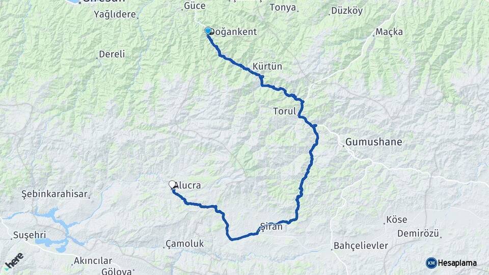 Giresun Doğankent Alucra Arası Kaç Km - Yol Haritası