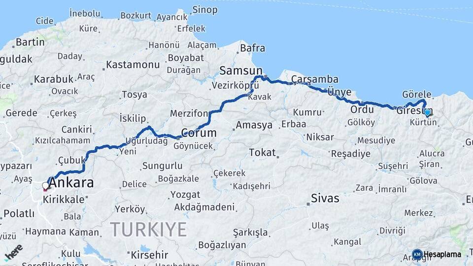 Giresun Doğankent Ankara Arası Kaç Km - Yol Haritası
