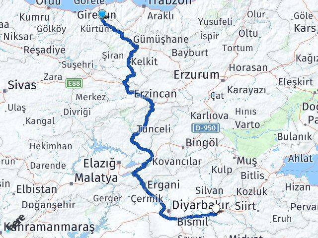 Giresun Doğankent Batman Arası Kaç Km - Yol Haritası