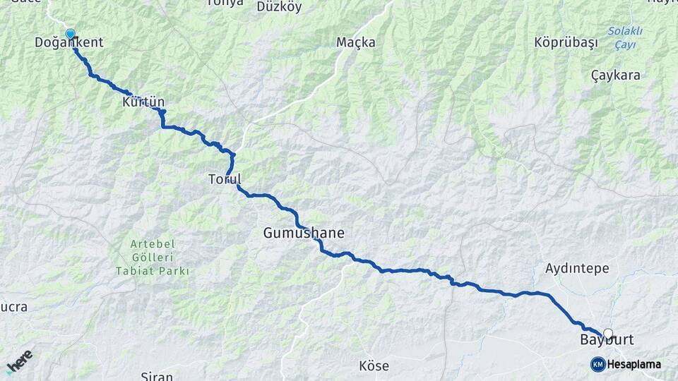 Giresun Doğankent Bayburt Arası Kaç Km - Yol Haritası