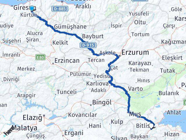 Giresun Doğankent Bitlis Arası Kaç Km - Yol Haritası
