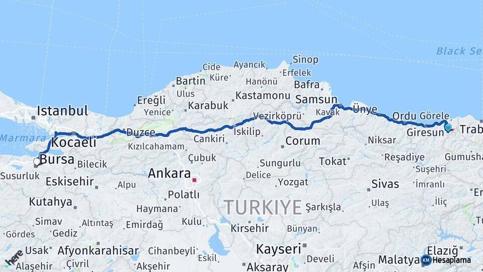 Giresun Doğankent Bursa Arası Kaç Km - Yol Haritası