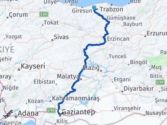 Giresun Doğankent Gaziantep Arası Kaç Km - Yol Haritası