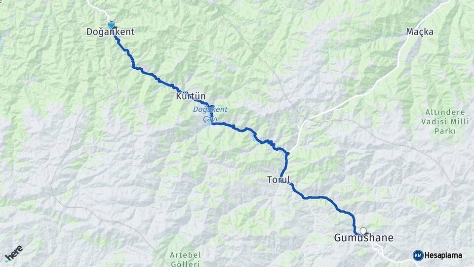 Giresun Doğankent Gümüşhane Arası Kaç Km - Yol Haritası