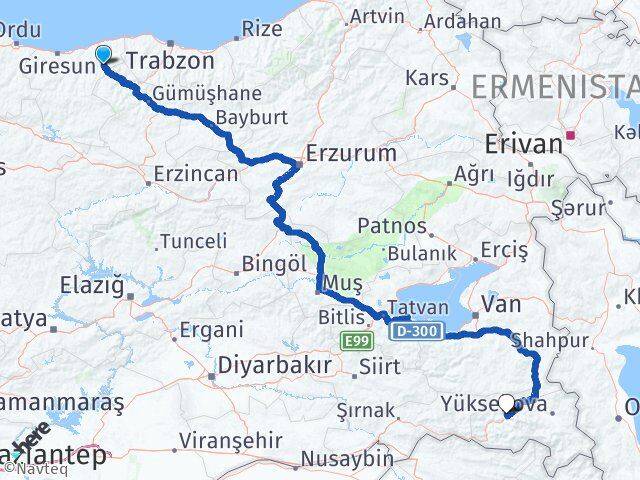 Giresun Doğankent Hakkari Arası Kaç Km - Yol Haritası