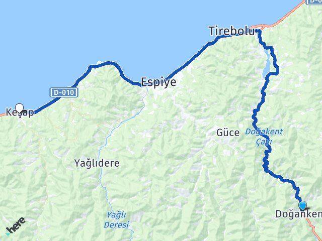 Giresun Doğankent Keşap Arası Kaç Km - Yol Haritası