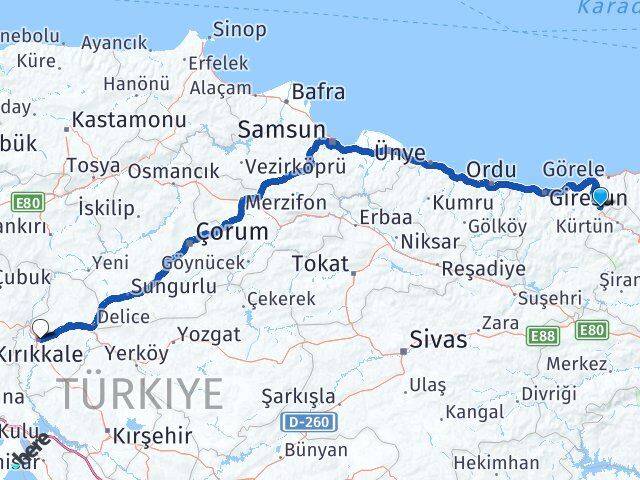 Giresun Doğankent Kırıkkale Arası Kaç Km - Yol Haritası