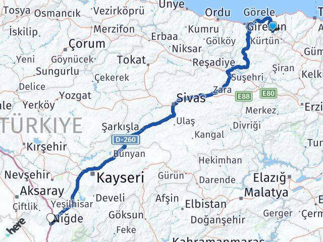 Giresun Doğankent Niğde Arası Kaç Km - Yol Haritası