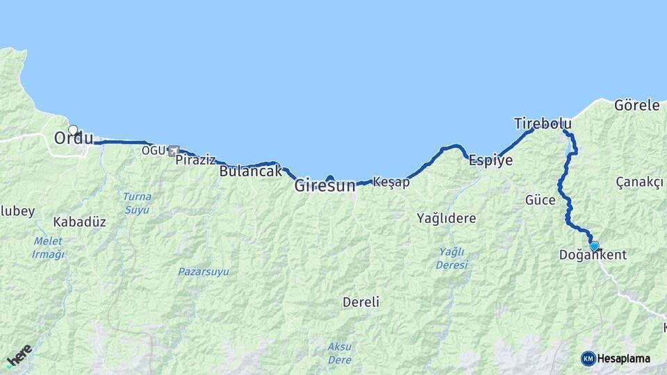 Giresun Doğankent Ordu Arası Kaç Km - Yol Haritası