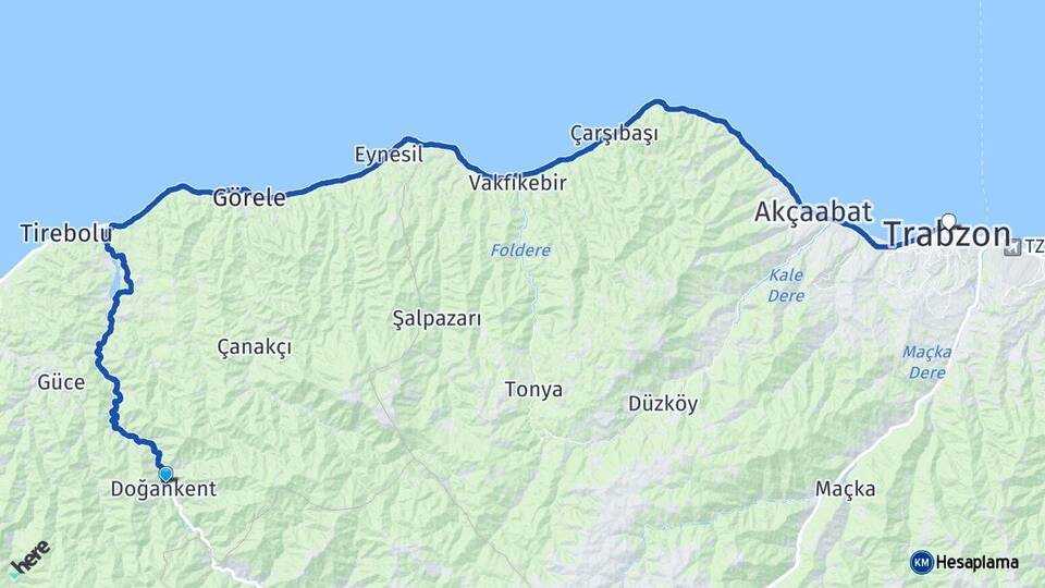 Giresun Doğankent Trabzon Arası Kaç Km - Yol Haritası
