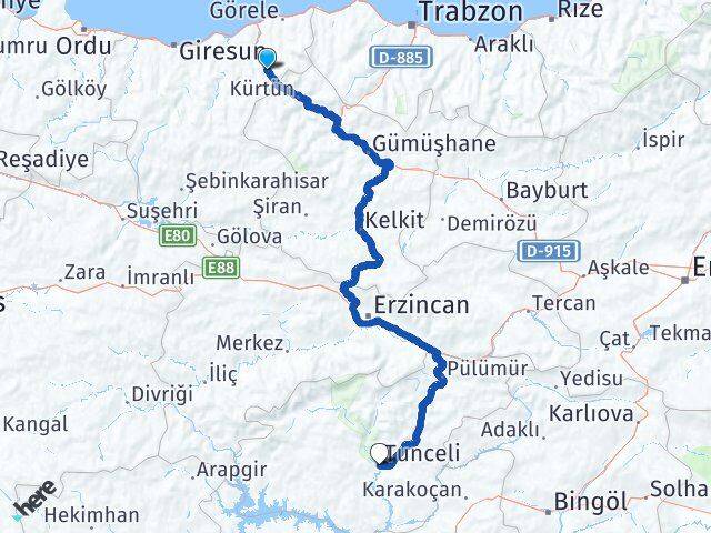 Giresun Doğankent Tunceli Arası Kaç Km - Yol Haritası