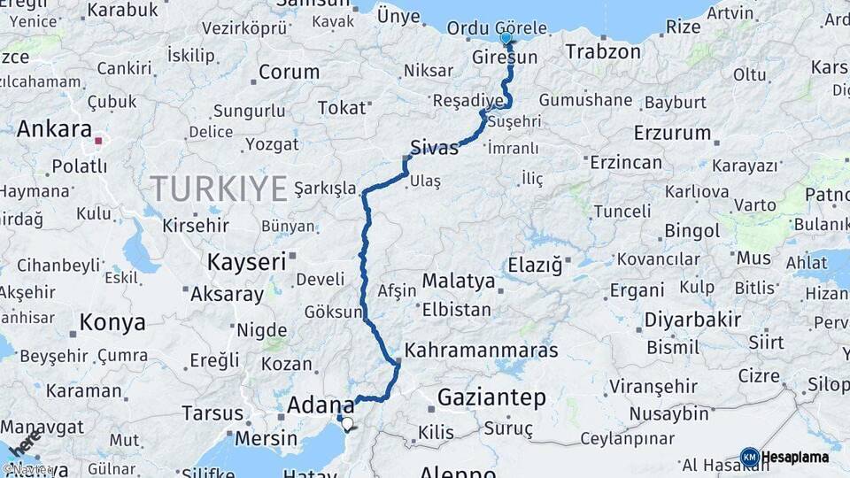 Giresun Dörtyol Hatay Arası Kaç Km - Yol Haritası