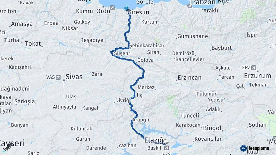 Giresun Elazığ Arası Kaç Km - Yol Haritası