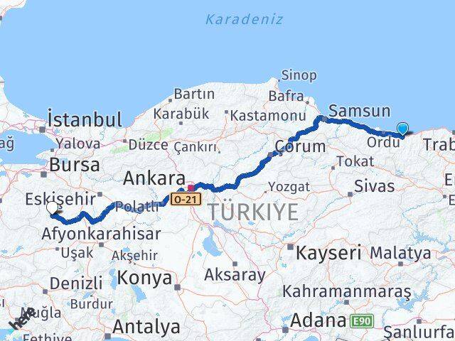 Giresun Emet Kütahya Arası Kaç Km - Yol Haritası