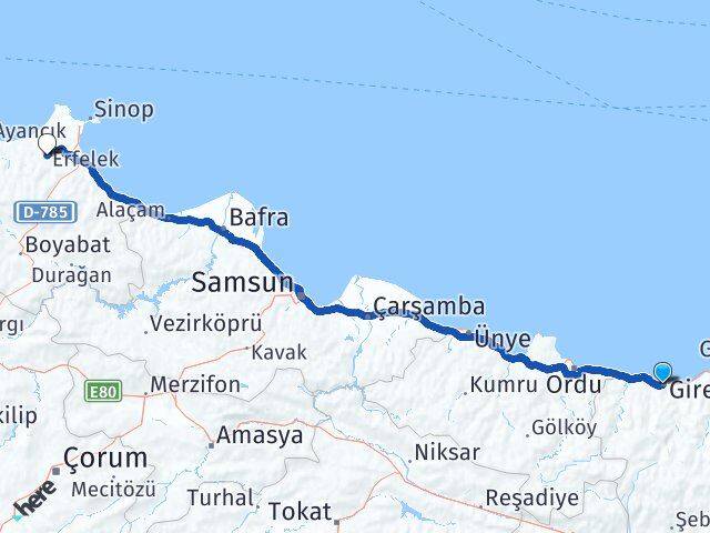 Giresun Erfelek Sinop Arası Kaç Km - Yol Haritası