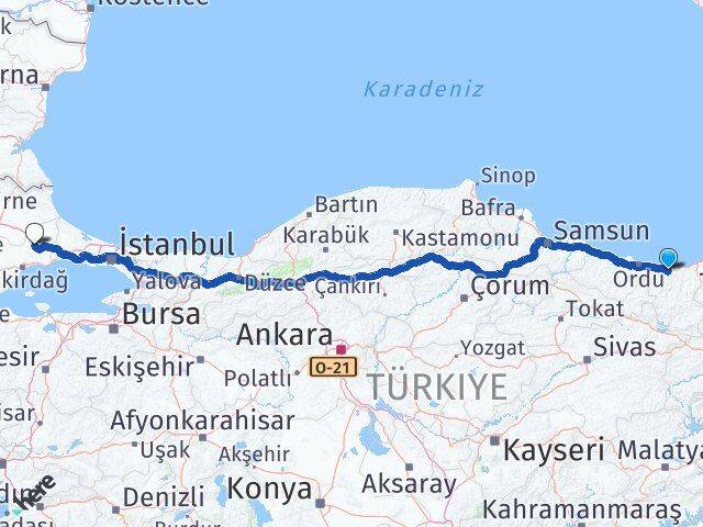 Giresun Ergene Tekirdağ Arası Kaç Km - Yol Haritası