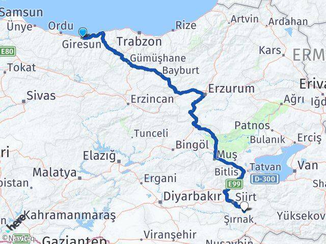 Giresun Eruh Siirt Arası Kaç Km - Yol Haritası