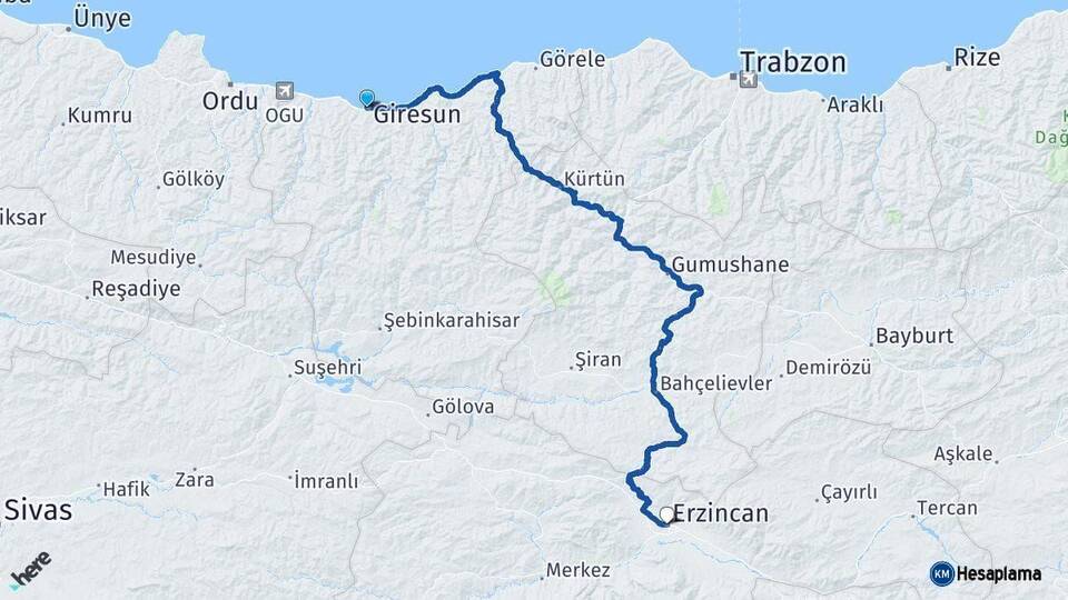 Giresun Erzincan Arası Kaç Km - Yol Haritası