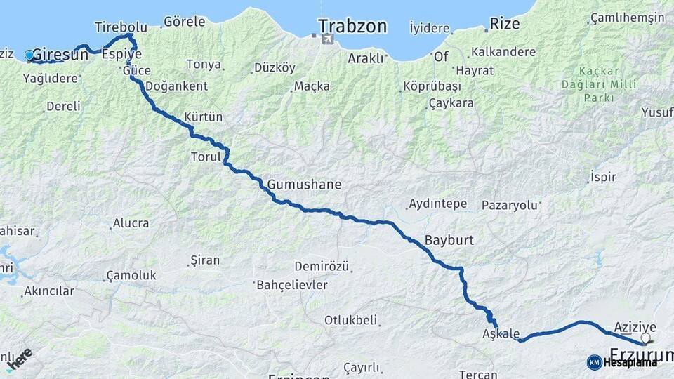 Giresun Erzurum Arası Kaç Km - Yol Haritası