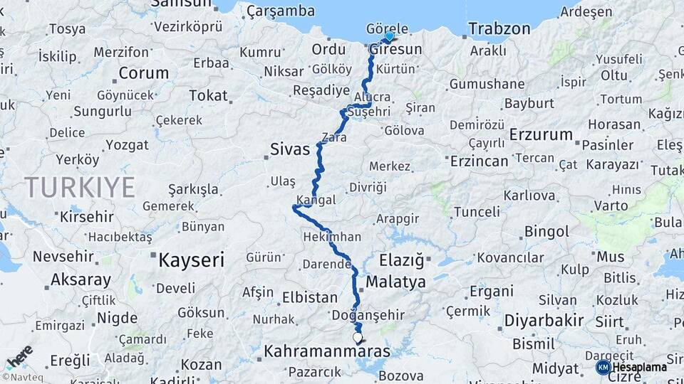 Giresun Espiye Adıyaman Arası Kaç Km - Yol Haritası