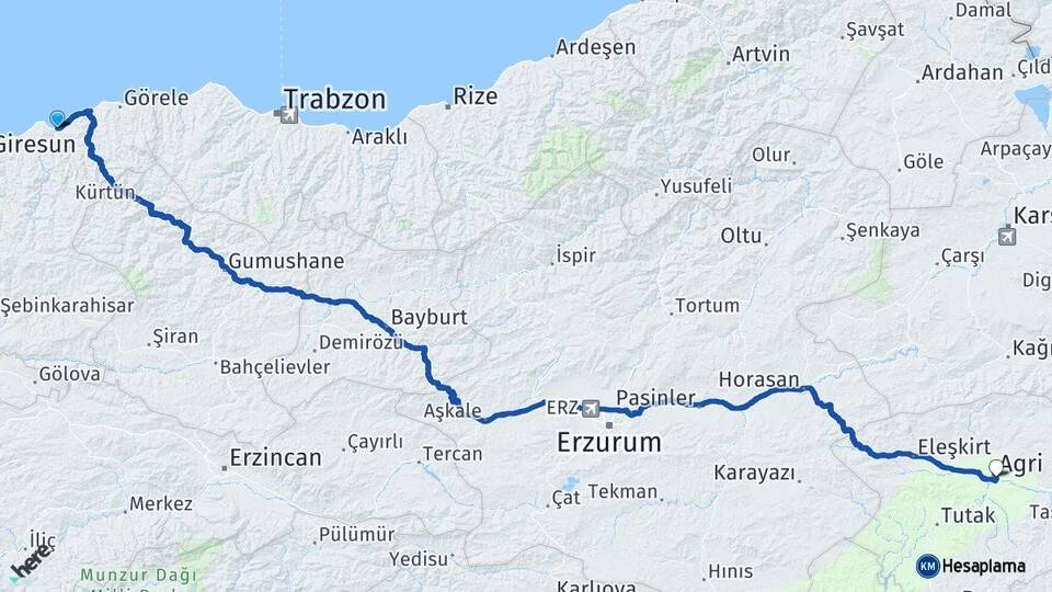 Giresun Espiye Ağrı Arası Kaç Km - Yol Haritası