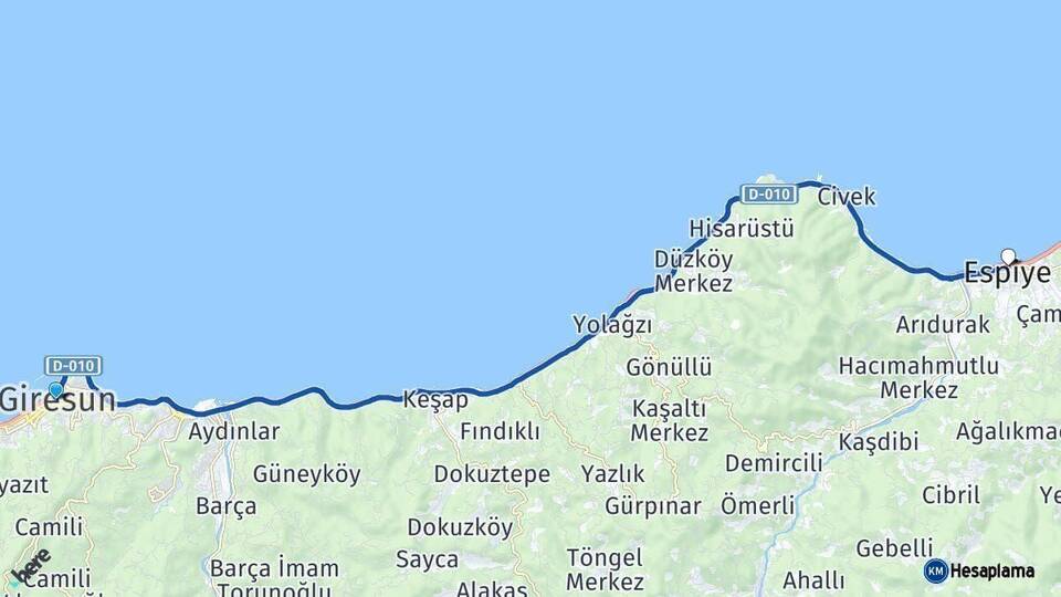 Giresun Espiye Arası Kaç Km - Yol Haritası