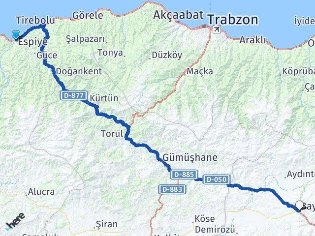 Giresun Espiye Bayburt Arası Kaç Km - Yol Haritası