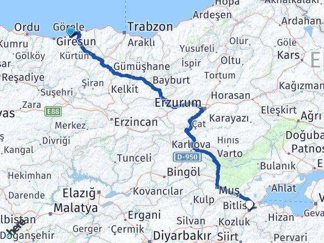 Giresun Espiye Bitlis Arası Kaç Km - Yol Haritası