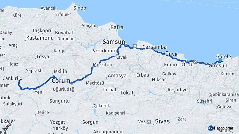 Giresun Espiye Çankırı Arası Kaç Km - Yol Haritası