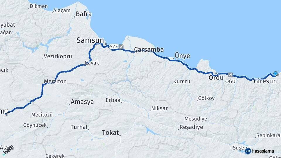Giresun Espiye Çorum Arası Kaç Km - Yol Haritası