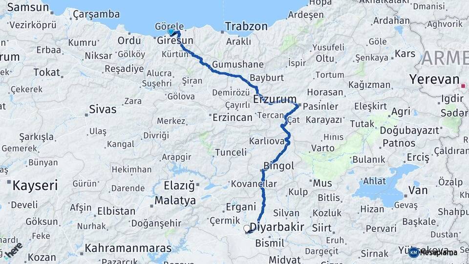 Giresun Espiye Diyarbakır Arası Kaç Km - Yol Haritası
