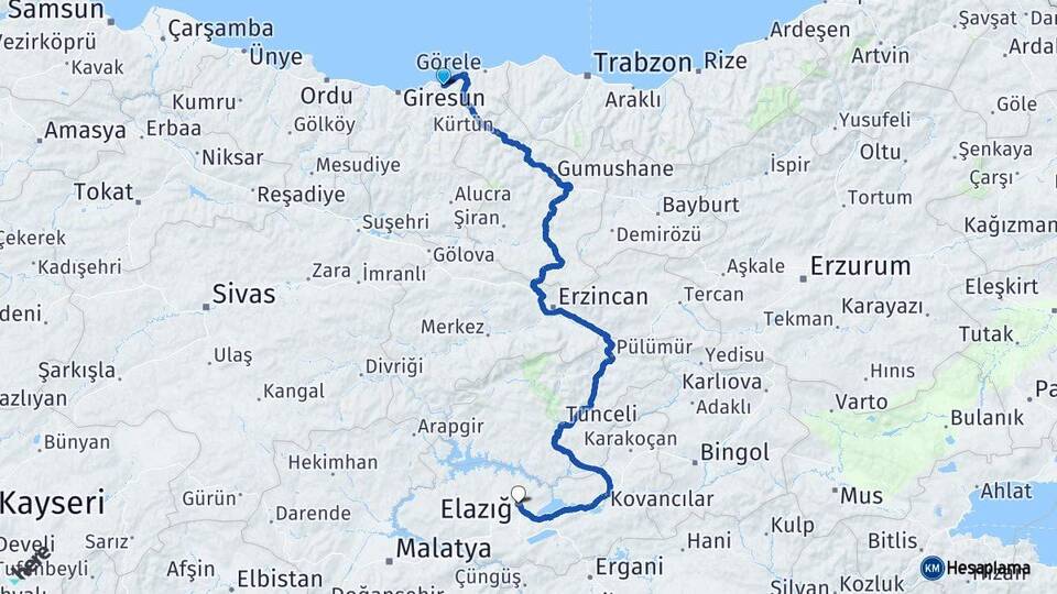 Giresun Espiye Elazığ Arası Kaç Km - Yol Haritası