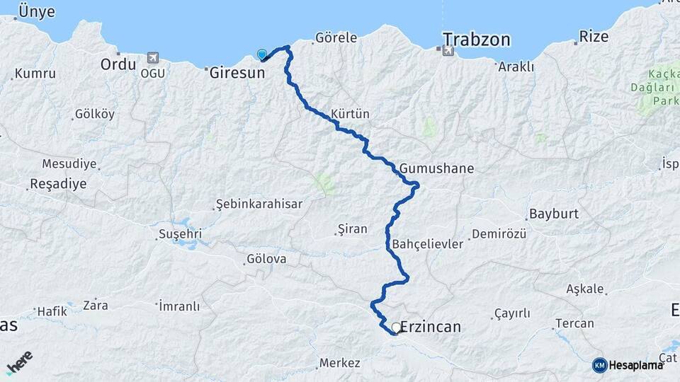 Giresun Espiye Erzincan Arası Kaç Km - Yol Haritası
