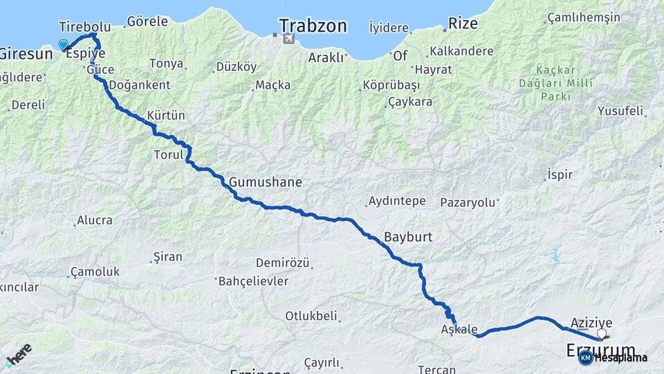 Giresun Espiye Erzurum Arası Kaç Km - Yol Haritası