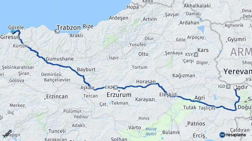 Giresun Espiye Iğdır Arası Kaç Km - Yol Haritası