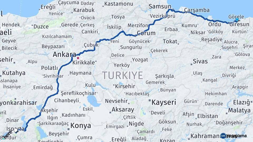 Giresun Espiye Isparta Arası Kaç Km - Yol Haritası