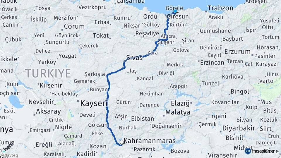 Giresun Espiye Kahramanmaraş Arası Kaç Km - Yol Haritası