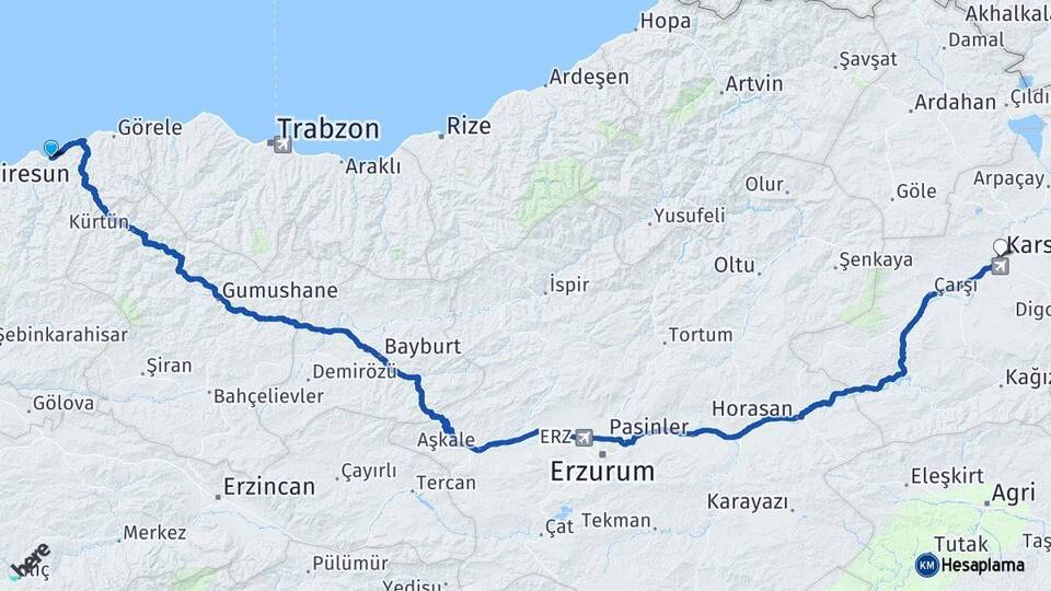 Giresun Espiye Kars Arası Kaç Km - Yol Haritası