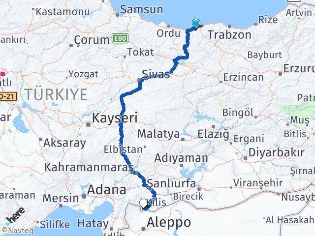 Giresun Espiye Kilis Arası Kaç Km - Yol Haritası