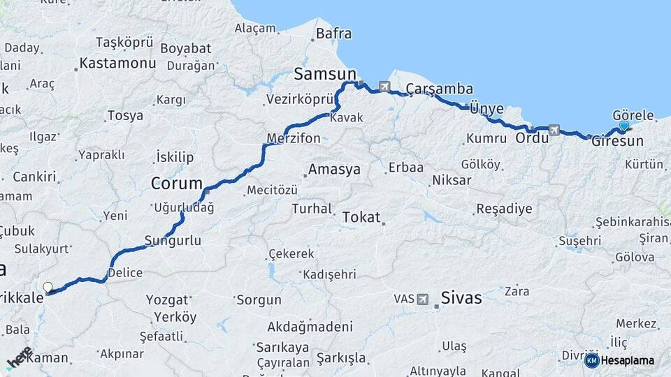 Giresun Espiye Kırıkkale Arası Kaç Km - Yol Haritası