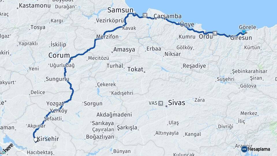 Giresun Espiye Kırşehir Arası Kaç Km - Yol Haritası