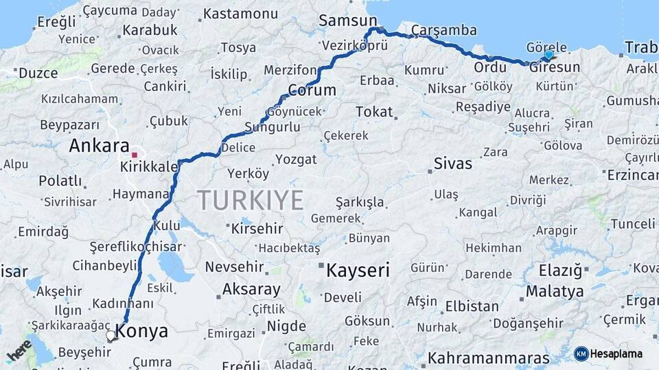 Giresun Espiye Konya Arası Kaç Km - Yol Haritası